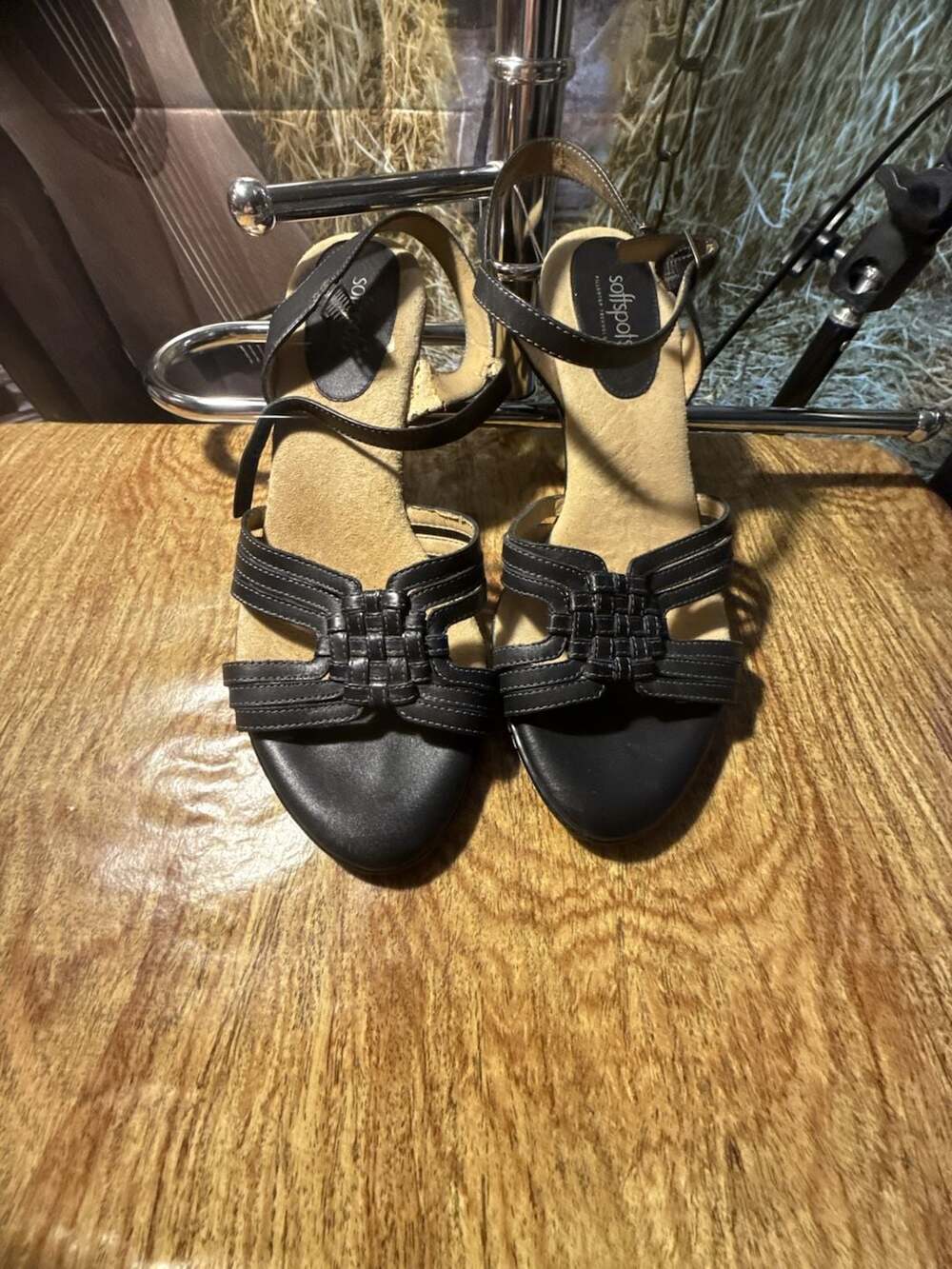 Softspots Black Leather Woven Strap Ankle Strap Wedge Sandals